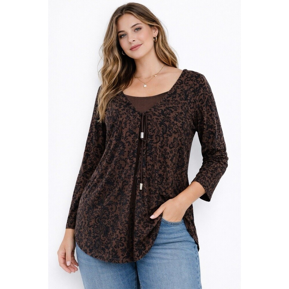 Islander Women’s Large Brown Black Damask Flocked Tunic Top Ethnic Festival